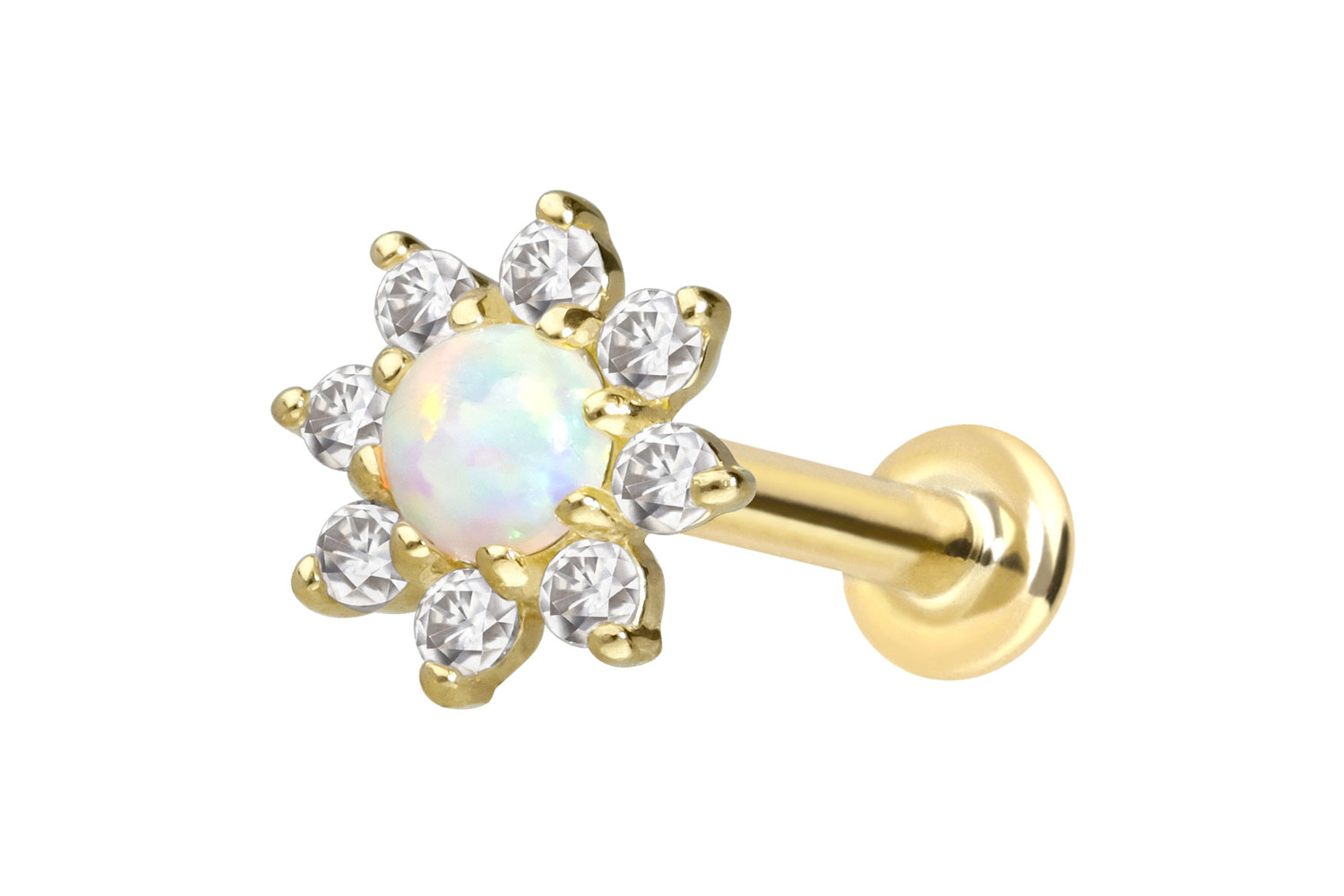 14 Karat Gold Labret Piercing mit Push Fit MOISSANIT-BLUME + SYNTHETISCHER OPAL